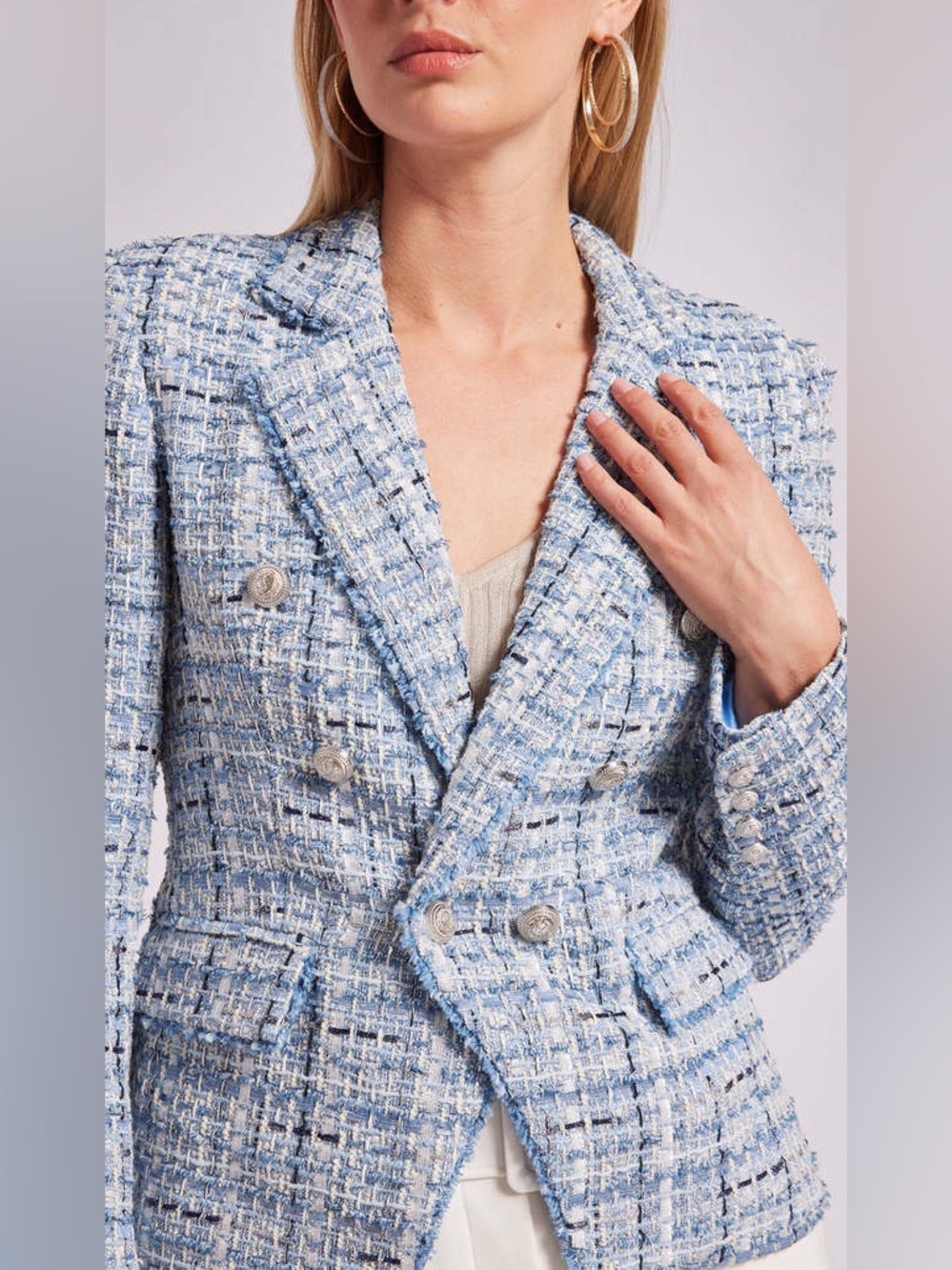 Generation Love Eliza Tweed Blazer Blue Silver Double Breasted Sz S - Picture 2 of 14